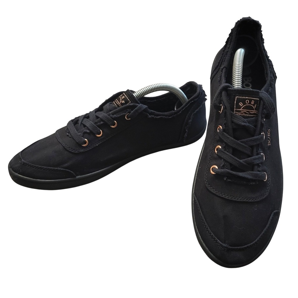 Skechers BOBS B Cute Womens Black Canvas Lace Up Sneakers Rose Gold Accents sz 9